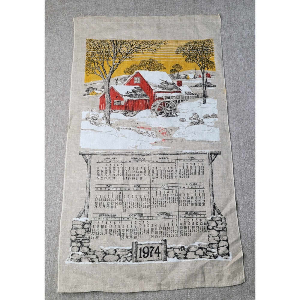 Calendar Tea Towel Tan 1974 Winter Barn Scene Vintage Linen Decor